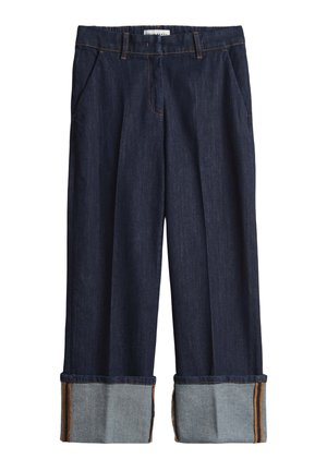 Dark denim trousers with a loose fit, featuring a rolled cuff in a lighter denim and contrasting stitching details. Two front pockets included.