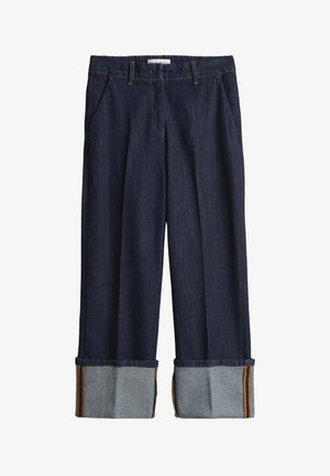 Pantalons en denim foncé à coupe ample, avec un revers en denim plus clair et des détails de couture contrastants. Deux poches avant incluses.