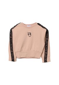 Felpa beige corta con dettagli a righe nere sulle maniche. Presenta un piccolo logo sul davanti e polsini e orlo a coste. Texture morbida.