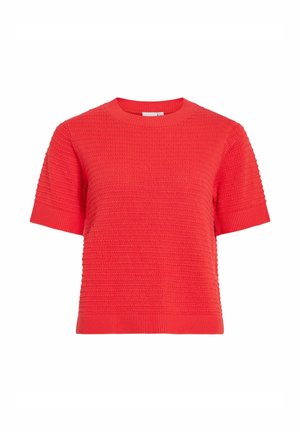 Pull à manches courtes en maille rouge vif avec nervures horizontales texturées, col rond, poignets et ourlet côtelés.