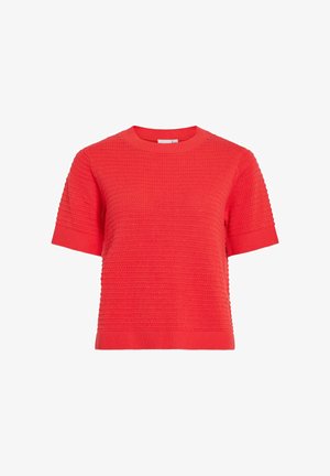 Élénkvörös rövid ujjú kötött pulóver texturált vízszintes bordázással, kerek nyakkivágással, valamint bordázott mandzsettával és szegéllyel.