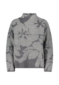 Texturiertes graues Sweatshirt mit floralem Muster in einem dunkleren Grauton, mit hohem Kragen und lockerer Passform. Weiches Strickmaterial.