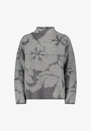 Textured grey sweater featuring a floral pattern in a darker grey shade, with a high neck and a relaxed fit. Soft knit material.