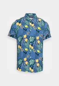 Camicia a maniche corte con bottoni in tessuto blu caratterizzata da una stampa tropicale con foglie verdi e fiori gialli. Design con colletto e orlo diritto.