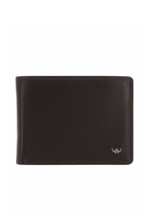 Portefeuille bi-fold en cuir brun foncé avec bords cousus et petit emblème argenté ailé dans le coin inférieur droit.