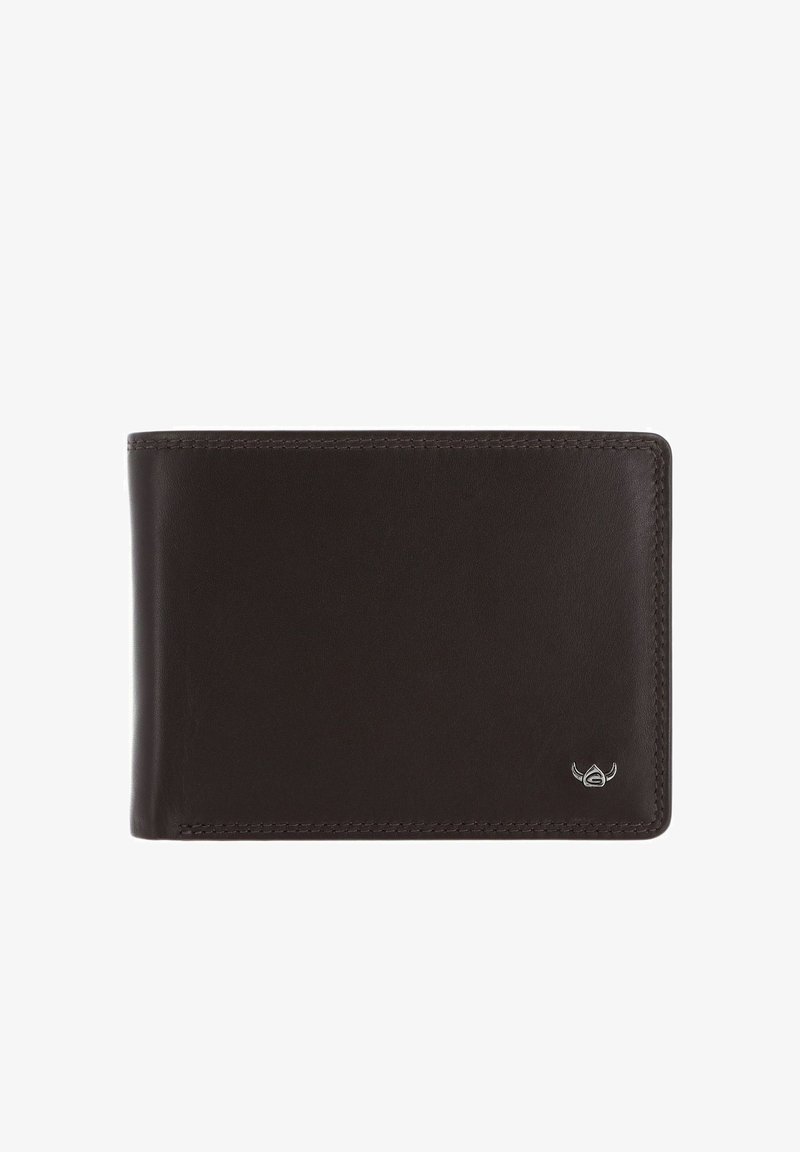 Portefeuille bi-fold en cuir brun foncé avec bords cousus et petit emblème argenté ailé dans le coin inférieur droit.