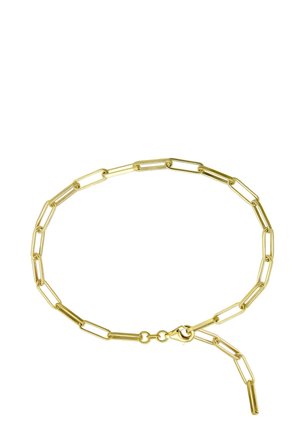 Gold chain necklace featuring elongated, linked oval shapes with a lobster clasp and an adjustable length. Smooth finish and sleek design.