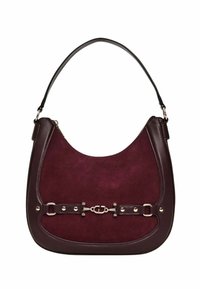 Borsa a tracolla in pelle scamosciata bordeaux con finiture in pelle liscia, forma curva, dettagli in metallo color argento e logo sul davanti.