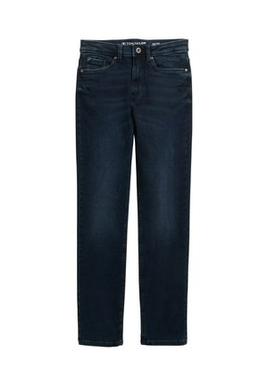 Donkerblauwe denim jeans met een rechte pijp, voorzien van een traditionele vijf-pocketontwerp en metalen sluitingen.