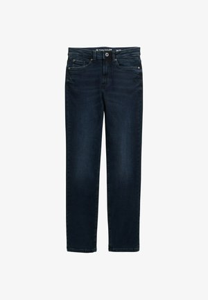 Jeans en denim bleu foncé avec une coupe droite, dotés d'un design traditionnel à cinq poches et de la quincaillerie en métal pour la fermeture.