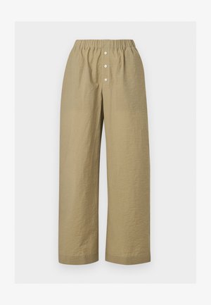 Pantaloni bej cu talie elastică și picior larg, cu trei nasturi albi pe fanta frontală, confecționați din țesătură ușoară și texturată.