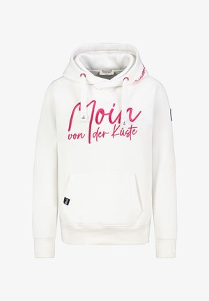 Weißer Hoodie mit einer Fronttasche, mit pinkfarbenem aufgedrucktem Text "Moin von der Küste." Enthält Kordeln und gerippte Bündchen.
