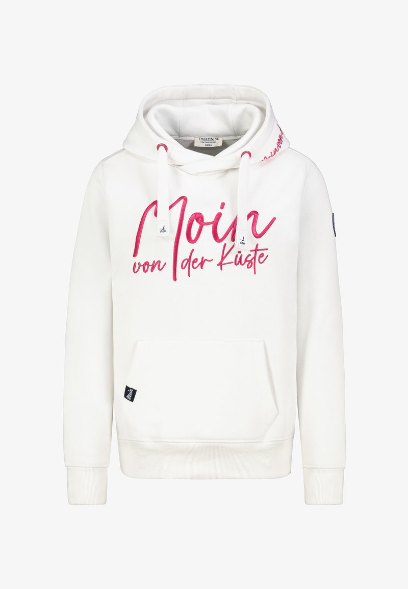 Witte hoodie met een voorzak, voorzien van roze bedrukte tekst "Moin von der Küste." Heeft trekkoorden en geribbelde boorden.