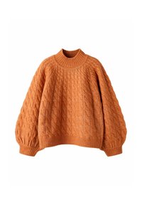 Orange kabelstrikket sweater med høj ribbet krave, brede ærmer og en afslappet pasform med teksturerede mønstre hele vejen igennem.