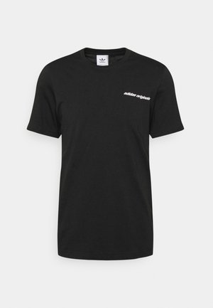 T-shirt nera in cotone con maniche corte e collo a giro. Presenta un logo bianco "adidas originals" sul lato sinistro del petto. Texture liscia.