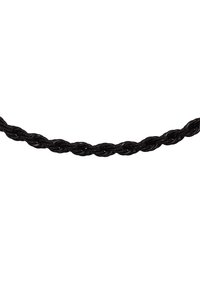 Catena di corda nera intrecciata, con una texture liscia e torsioni distintive che creano una forma cilindrica uniforme. Adatta per varie applicazioni.