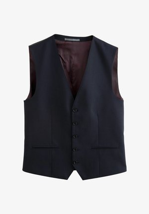 Marineblaues Weste aus glattem Stoff, mit V-Ausschnitt, sechs Knopfverschlüssen und zwei Fronttaschen; gefüttert mit einem burgunderfarbenen gemusterten Innenfutter.