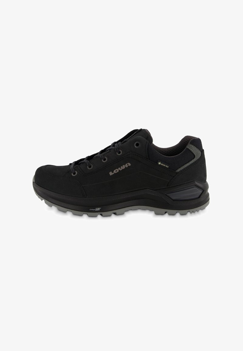 Black hiking shoe made of synthetic material, featuring a sturdy sole, lace-up design, and side accents. Textured upper and rugged tread.