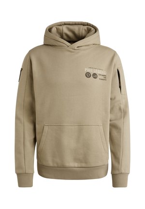 Beige Kapuzenpullover aus weichem Material. Mit einer Fronttasche, gerippten Bündchen und Saum sowie bedrucktem Markenlogo auf der Brust und am Ärmel.
