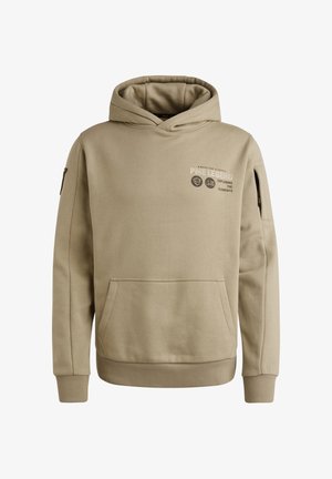 Beżowa, zakrywająca głowę bluza wykonana z miękkiego materiału. Posiada przednią kieszeń, żeberkowane mankiety i dolną część oraz nadrukowane logo na piersi i rękawie.