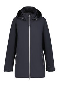 Marineblauer wasserdichter Jacket mit Kapuze, vollem Reißverschluss, zwei seitlichen Taschen und elastischen Bündchen. Mit einem dezenten Logo-Detail an der linken Ärmel.