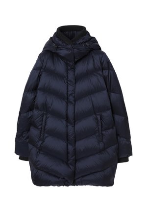 Geacă puffer bleumarin cu glugă, cu design matlasat, guler ribbed și buzunare laterale. Material lucios, rezistent la apă.