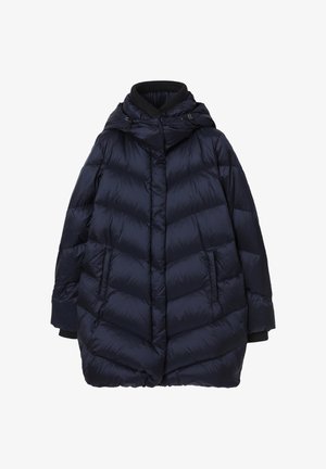 Tamnoplavi puffer kaput s kapuljačom, s preklapajućim dizajnom, rebrastim ovratnikom i bočnim džepovima. Sjajni, vodootporni materijal.