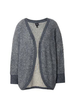 Graue Strickjacke mit V-Ausschnitt, verfügt über ein strukturiertes Streifenmuster. Kontrastierendes helleres Innenfutter, mit tiefer angesetzten Schultern und gerippten Bündchen.