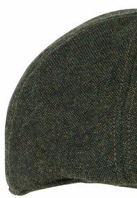 Green wool cap with a curved peak, featuring a textured surface and subtle patterns. The fabric has a speckled appearance.