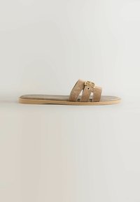 Smėlio spalvos su suede medžiaga šlepetės su dviem plačiomis juostelėmis ir auksiniu sagtimi. Lygus, plokščias padas su glotnia tekstūra, minimalistinis dizainas.