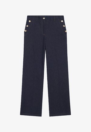 Pantaloni in denim blu scuro a gamba larga con vita alta, caratterizzati da quattro bottoni argentati sulle tasche anteriori e dettagli di cucitura visibili.