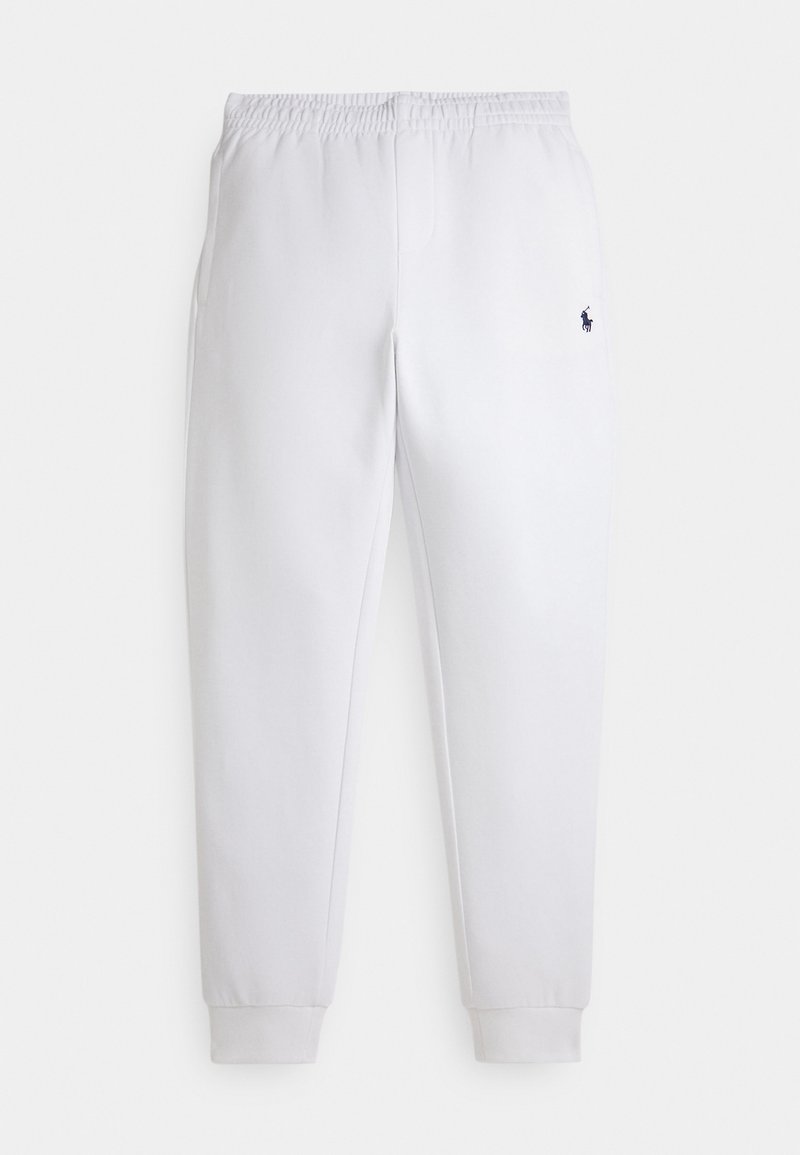 Bijele pamučne trenirke s elastičnim pojasom, manžetama na gležnjevima, bočnim džepovima i malim tamnoplavim logom igrača polo na desnom bedrima.