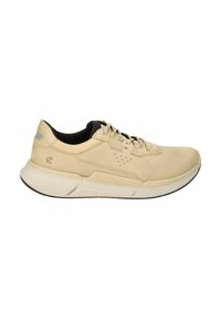 Beige athletic shoes with a smooth leather-like upper, black interior lining, and rubber outsole; features minimal stitching and perforated accents.