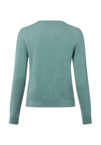 Langarm gebreide trui in licht teal kleur, met ribbelmanchetten en zoom, getoond vanuit de achterkant op een witte achtergrond.