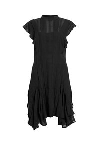 Robe noire à manches courtes avec panneaux verticaux transparents, col montant et ourlet évasé asymétrique.
