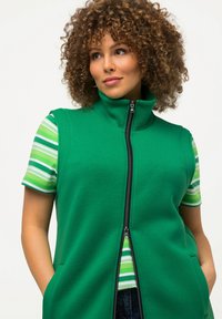 Grüner ärmelloser Pullover aus weichem Stoff, mit hohem Kragen und Frontreißverschluss. Darunter ist ein gestreiftes grün-weißes T-Shirt sichtbar.