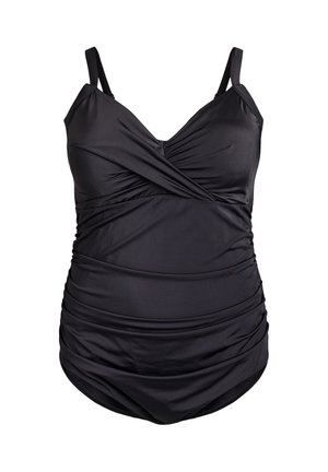 Sort badedragt i et glat, strækbart stof. Har et slå-om-design, justerbare stropper og rynkning ved taljen for et tætsiddende look.