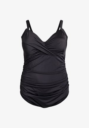 Sort badedragt i et glat, strækbart stof. Har et slå-om-design, justerbare stropper og rynkning ved taljen for et tætsiddende look.