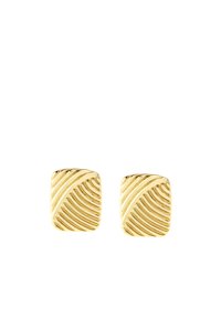 Et par guld rektangulære studs med diagonale rillemønstre på en hvid baggrund.