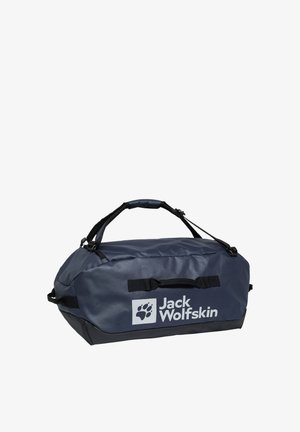 Donkerblauwe sporttas met zwarte accenten, gemaakt van duurzaam materiaal. Voorzien van een logo en stevige handvatten voor gemakkelijk dragen.