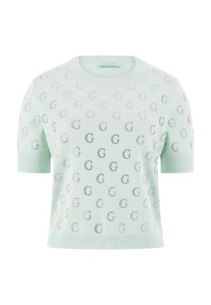 Light mint green short-sleeve sweater featuring a circular logo pattern, ribbed neckline and cuffs, and a soft knitted texture.