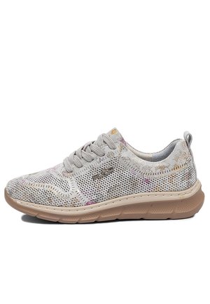 Jasnoszary damski trampki z kwiatową dzianiną, amortyzowaną beżową podeszwą, okrągłym noskiem, sznurowanym przodem i logo marki po boku.