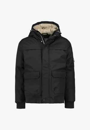 Schwarze isolierte Jacke mit Kapuze, mit beigem Innenfutter, zwei Fronttaschen und gerippten Bündchen. Strapazierfähiges Außenmaterial mit strukturiertem Design.