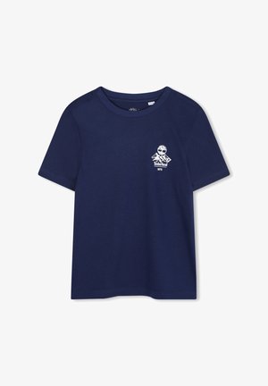 T-shirt en coton bleu marine à manches courtes, col rond, avec un logo Timberland blanc représentant des montagnes et le texte "1973" sur la poitrine.