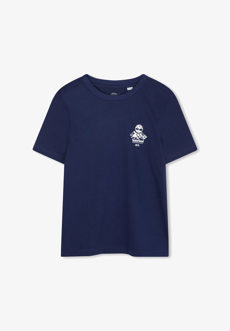 T-shirt di cotone blu navy con maniche corte, colletto rotondo e logo Timberland bianco che presenta montagne e il testo "1973" sul petto.