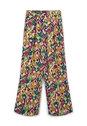 Weite Hosen mit einem mehrfarbigen, abstrakten Muster in Grün, Pink, Blau und Gelb, aus einem leichten Stoff mit einer weichen Textur gefertigt.