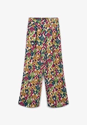 Pantalons larges avec un motif abstrait multicolore en vert, rose, bleu et jaune, fabriqués dans un tissu léger avec une texture douce.