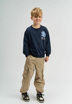 Mørkeblå sweatshirt med et farvet grafisk motiv, parret med beige cargo-bukser med lommer og elastiske manchetter. Sorte og hvide sneakers.