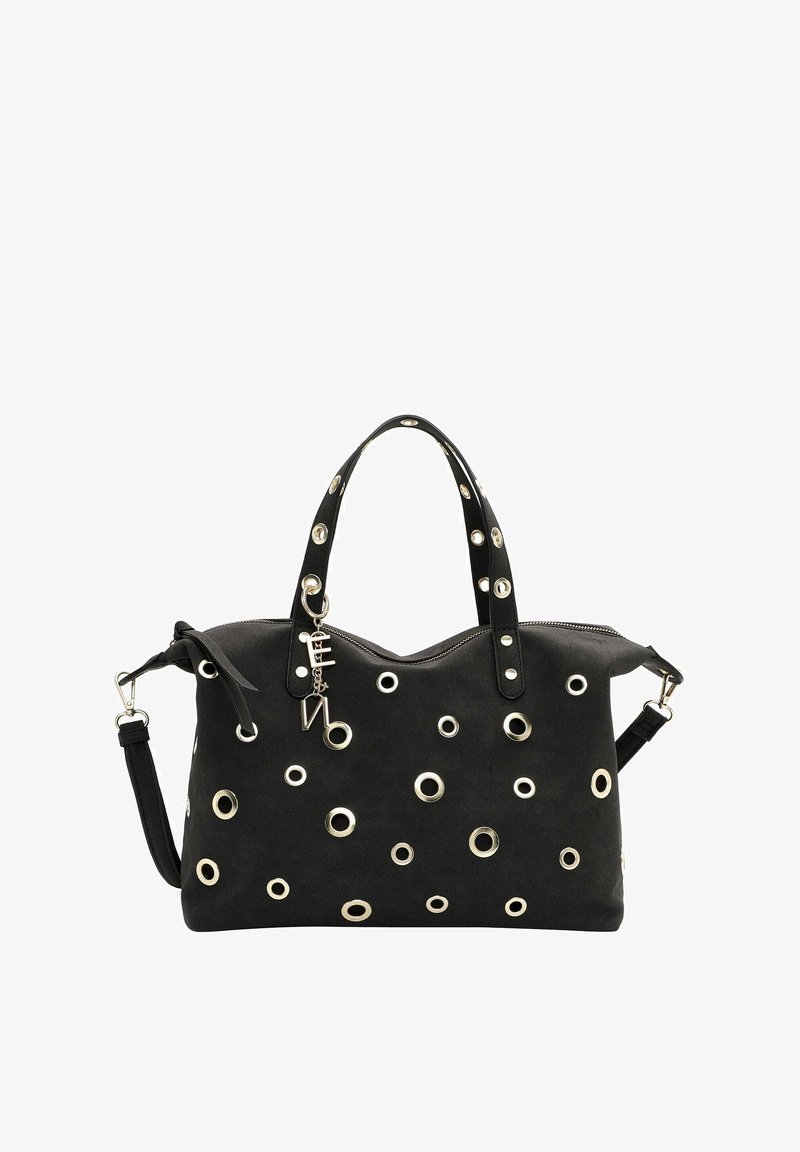 Bolso de ante negro con grandes ojales metálicos como detalles, dos asas, correa de hombro desmontable y cierre con cremallera.