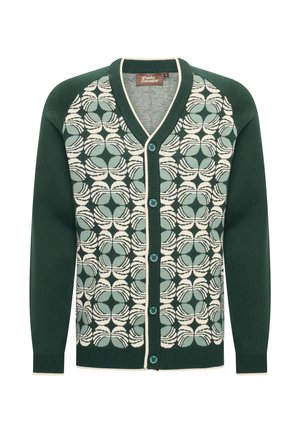 Groene cardigan met een patroon van afwisselende cirkels en lijnen in crème en lichtblauw. Voorzien van vijf knopen en een V-hals.